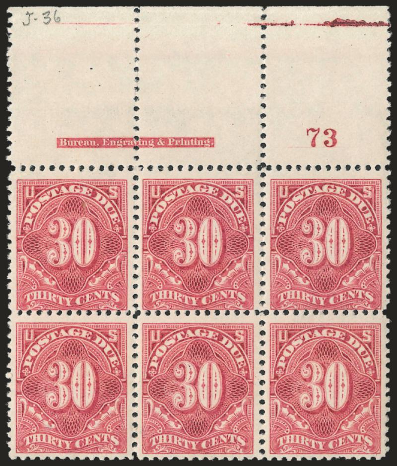 30c Pale Rose (J36b).> Mint N.H. top imprint and plate no. 73 block of six with extra wide selvage, brilliant color, bottom left stamp single perf crease<><>^FINE. A RARE MINT NEVER-HINGED PLATE BLOCK OF THE
30-CENT UNWATERMARKED POSTAGE DUE ISSUE