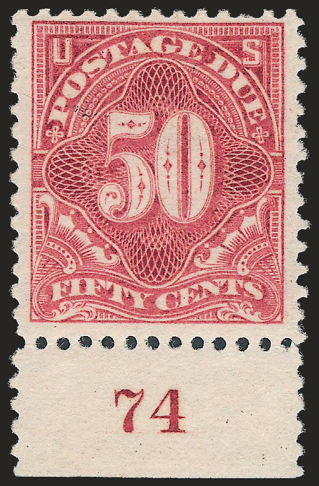 50c Pale Rose (J37a).> With plate no. 74 at bottom, original gum, bright color, single shortish perf at top right, Very Fine