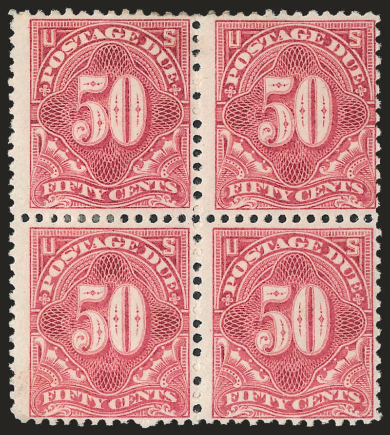 50c Pale Rose (J37a).> Block of four, original gum, h.r., radiant color, fresh and Fine, a rare multiple, pencil notations on bottom right stamp