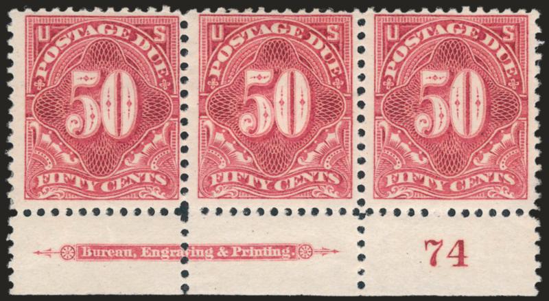 50c Pale Rose (J37a).> Bottom imprint and plate no. 74 strip of three, original gum, bit heavy h.r., bright color, Fine-Very Fine, scarce plate no. strip, Scott Retail as three singles with no premium for the
position