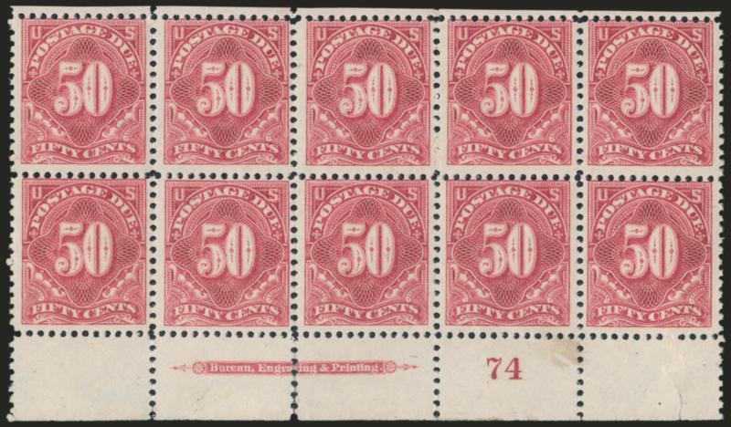 50c Pale Rose (J37a).> Mint N.H. bottom imprint and plate no. 74 block of ten, scissors-separated at top with completely intact perfs, bright color, light natural gum crease affects pos. 8-10, some minor perf
separations, small selvage tear at bottom
