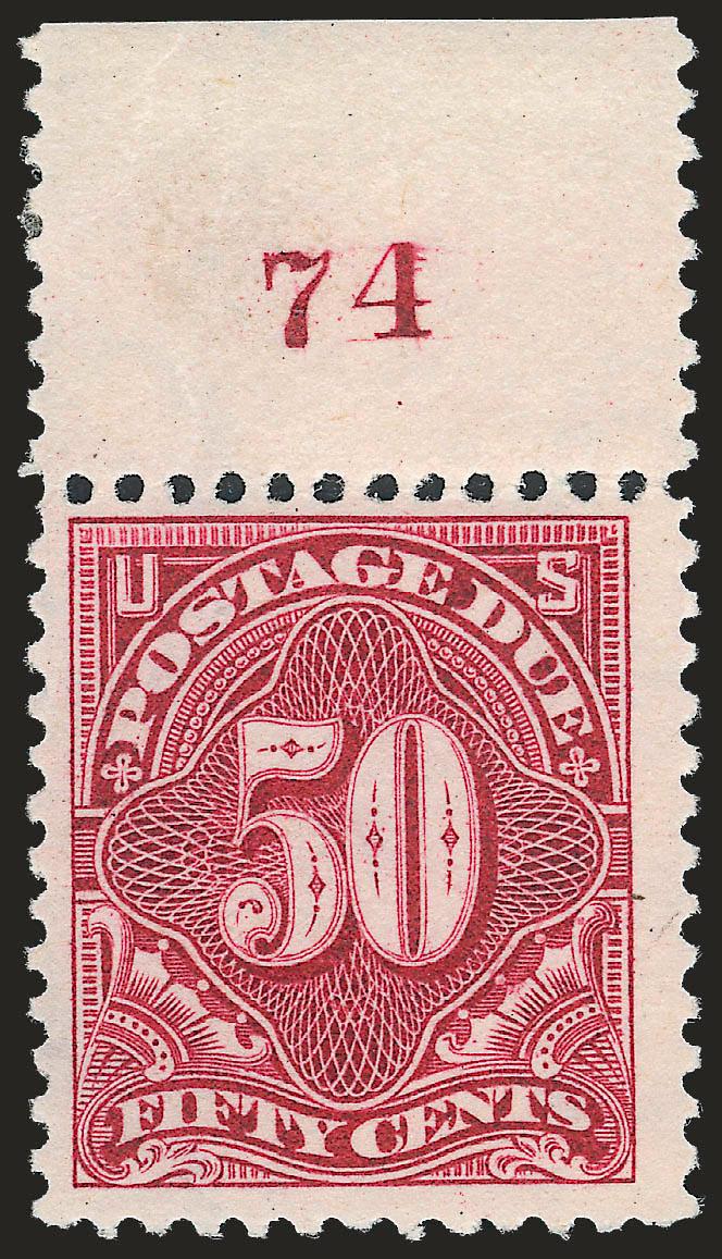 1c-50c Deep Claret (J38-J44).> Each with plate no., 3c thru 50c with consecutive plate nos. from 70 thru 74, original gum, the 1c, 3c and 50c barely hinged, others h.r., 10c and 30c perf separations reinforced,
30c single short perf at top, Fine and