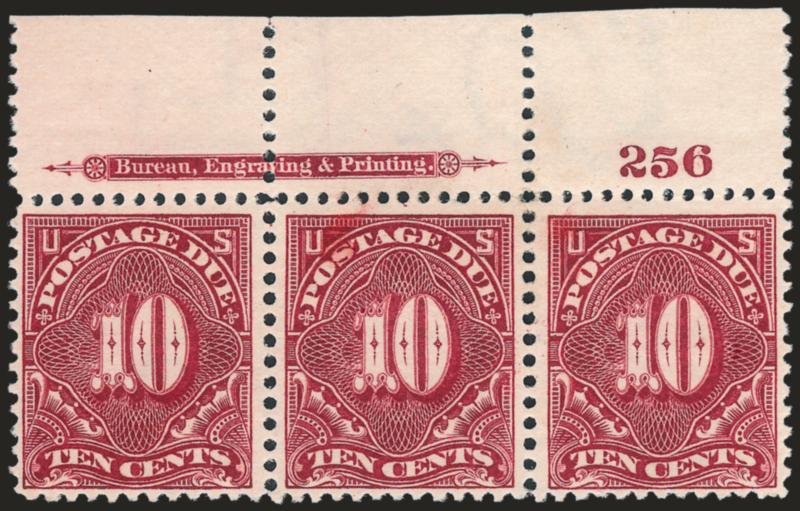 1c-10c Deep Claret (J38-J42).> 21 imprint and plate no. strips of three, incl. seven each of 1c and 3c, one 3c and three each of 5c and 10c, mostly different plate nos. but with some matched top and bottom
positions, original gum, many stamps Mint N.