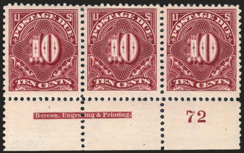 1c-10c Deep Claret (J38-J42).> Imprint and plate no. strips of three, several stamps Mint N.H., few h.r., rich colors, 3c small faults, otherwise Fine-Very Fine, the 10c is especially choice, 10c one stamp
backstamp, Scott Retail as hinged singles wi