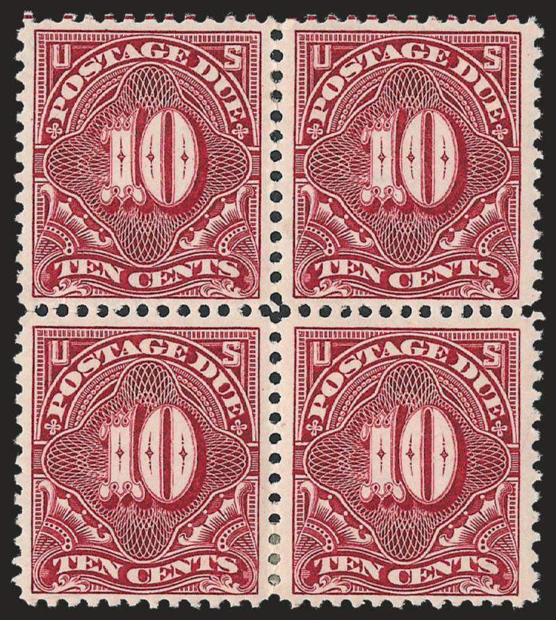 1c-10c Deep Claret (J38-J42).> Blocks of four, incl. three 1c with left and right arrows, 3c also with right arrow, original gum, many Mint N.H. incl. some 3c and 5c, rich colors, better centering than usual,
fresh and Fine-Very Fine, Scott Retail as