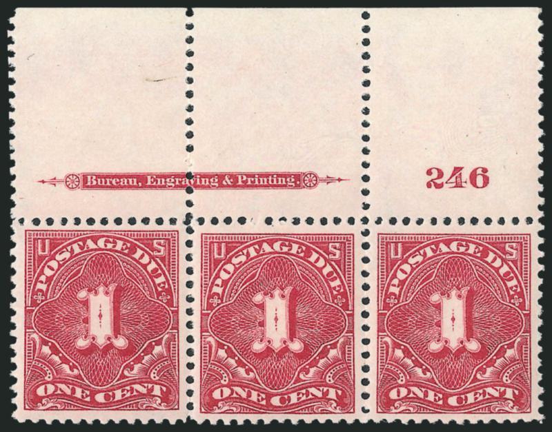 1c Deep Claret (J38).> Mint N.H. top imprint and plate no. 246 strip of three with wide selvage, brilliant color, choice centering, Very Fine-Extremely Fine, a beautiful Mint N.H. strip, Scott Retail as singles
with no premium for the position