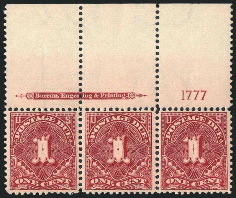 1c Deep Claret (J38).> Mint N.H. top imprint and plate no. 1777 strip of three with wide selvage, rich color on bright paper, Very Fine and choice, this particular plate number is especially scarce, Scott Retail
as singles with no premium for the pos
