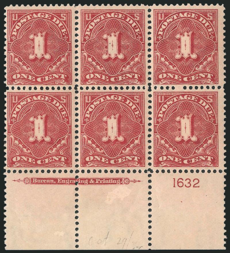 1c Deep Claret (J38).> Mint N.H. bottom imprint and plate no. 1632 block of six, rich color, well-balanced margins throughout, trivial wrinkle in selvage, Very Fine-Extremely Fine, this plate number is
scarce