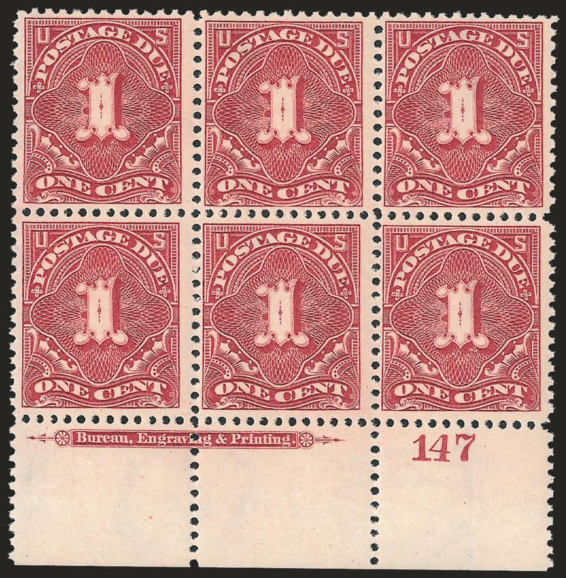 1c Deep Claret (J38).> Mint N.H. bottom imprint and plate no. 147 block of six, radiant color, fresh and Very Fine, an attractive Mint N.H. plate block, with 2003 P.F. certificate