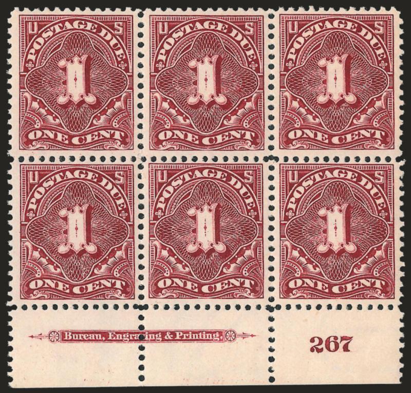 1c Deep Claret (J38).> Bottom imprint and plate no. 267 block of six, slightly tropicalized original gum, h.r. at top right, unusually choice centering throughout, Very Fine and choice