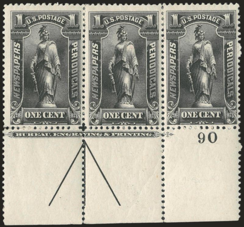1c Black, 1895 Issue (PR102).> Bottom imprint, arrow and plate no. 90 strip of three, original gum, h.r. where few perfs sensibly reinforced, bright shade, fresh and Very Fine, Scott Retail as singles with no
premium for the position