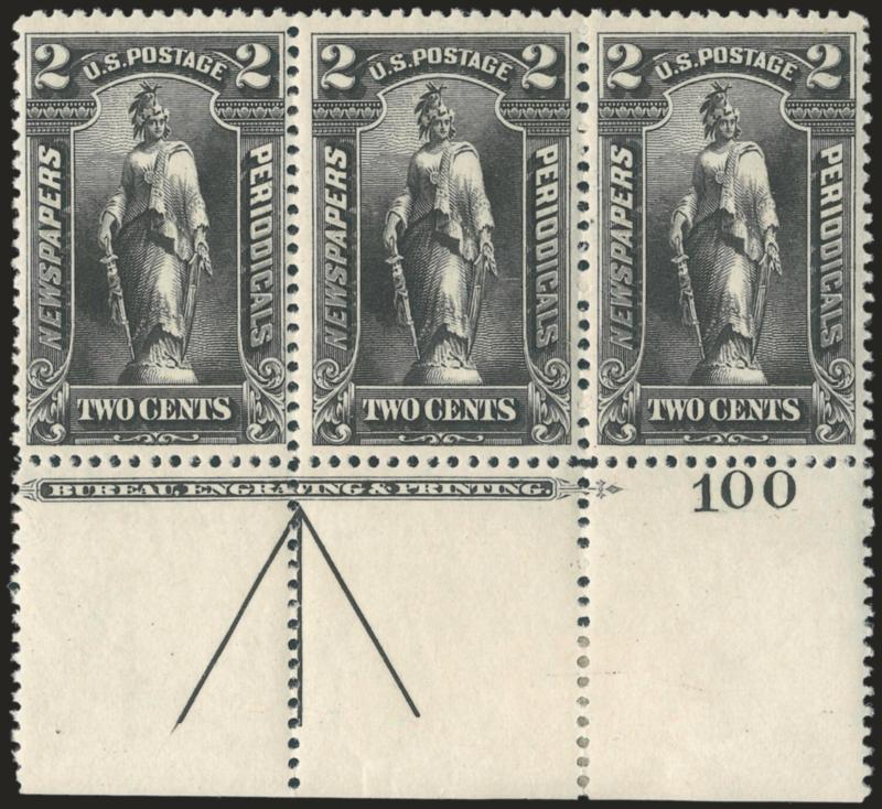 2c Black, 1895 Issue (PR103).> Bottom imprint, arrow and plate no. 100 strip of three, stamps Mint N.H., h.r. in selvage only, crisp impression, fresh and Fine-Very Fine, the right two stamps are especially
nice, Scott Retail as singles with no premi
