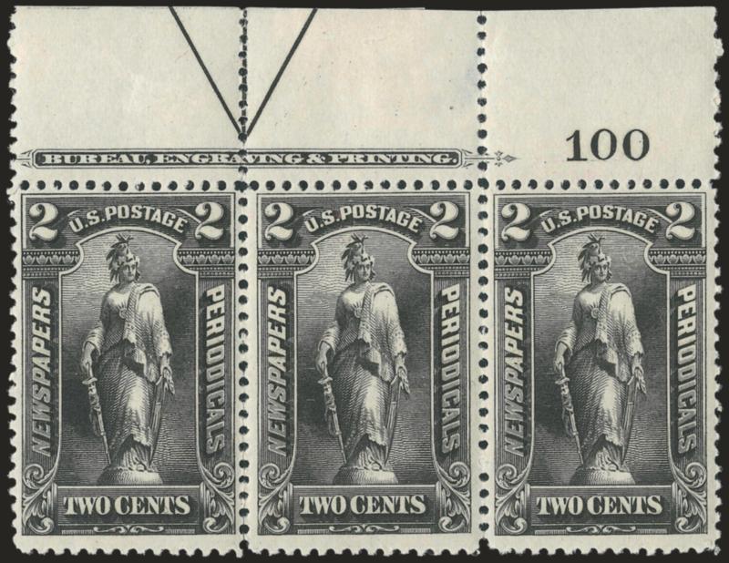 2c Black, 1895 Issue (PR103).> Top imprint, arrow and plate no. 100 strip of three, stamps Mint N.H., h.r. in top center selvage where also a thin spot, bright shade, Fine, Scott Retail as singles with no
premium for the position