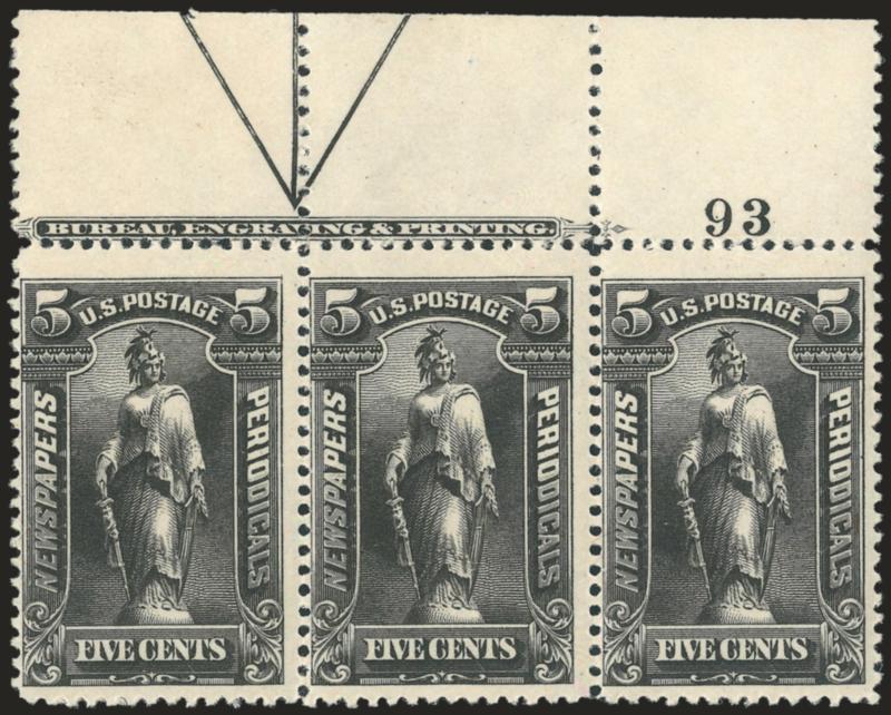 5c Black, 1895 Issue (PR104).> Top imprint, arrow and plate no. 93 strip of three, side stamps Mint N.H., center stamp single hinge mark, intense shade, Fine, Scott Retail as singles with no premium for the
position