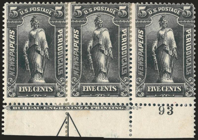 5c Black, 1895 Issue (PR104).> Bottom imprint, arrow and plate no. 93 strip of three, original gum, bit heavy h.r. where some perf separations reinforced, intense shade and impression, Fine, Scott Retail as
singles with no premium for the position