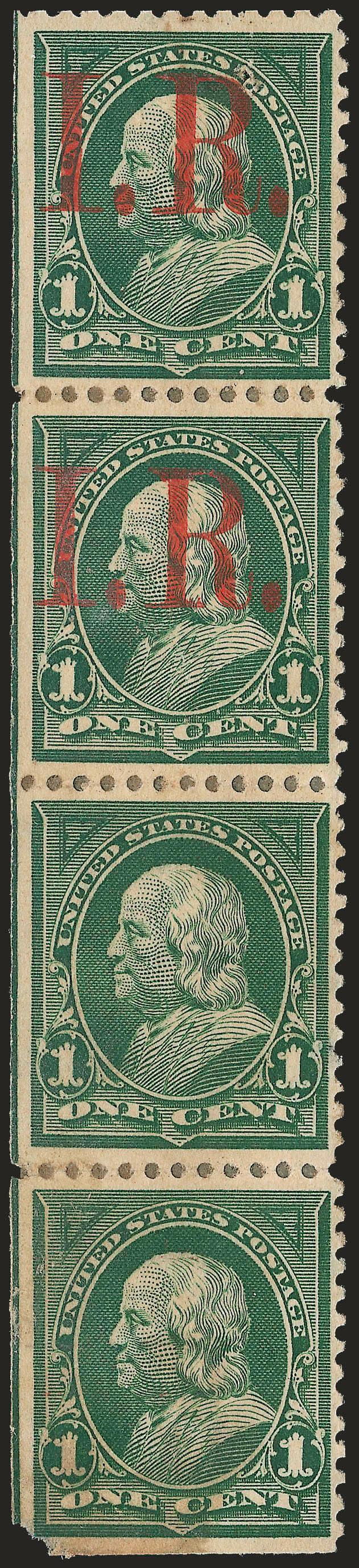 1c Green, I.R. Overprint, One with Overprint on Back, One Without Overprint (R154b, R154c).> Vertical strip of four, unused (no gum), middle pair No. R154c, bottom stamp No. R154b with overprint on reverse,
strip with faults and light soiling<><>^V