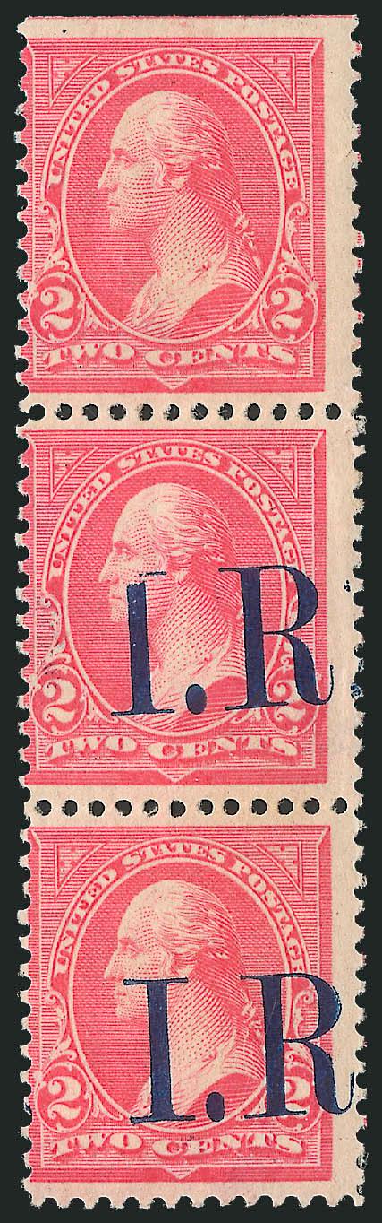 2c Pink, I.R. Overprint, Vertical Pair, One Without Ovpt. (R155d).> Original gum, the top pair in vertical strip of three with normal, natural s.e. at top, this variety caused by a pre-overprinting crease (shows
traces of two other overprints on back