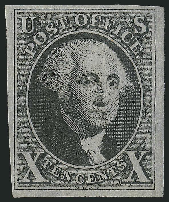 10c Black (2).> Full original gum, lightly hinged, mostly huge margins to full at lower left, bright shade and detailed impression clearly showing every detail of the engraving, remarkably fresh paper<><>^VERY
FINE AND CHOICE. THE 10-CENT 1847 ISSU