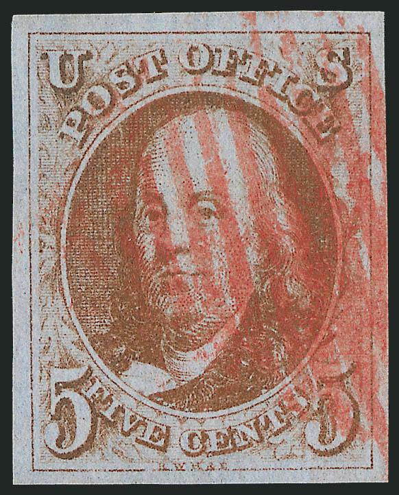 5c Orange Brown (1b).> Large even margins all around, beautiful color nicely complemented by red grid cancel, deeply blued paper<><>^EXTREMELY FINE GEM. A SUPERB USED EXAMPLE OF THE 5-CENT 1847 ISSUE IN THE
ORANGE BROWN SHADE, WHICH HAS BEEN GRADED