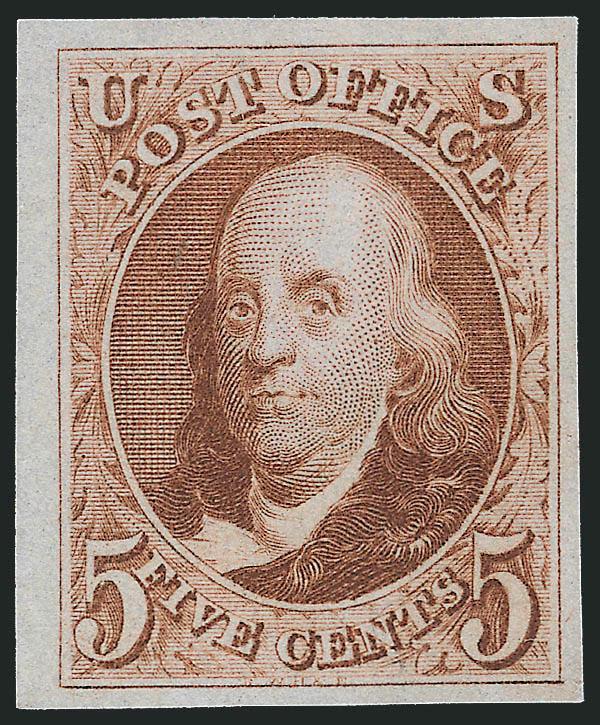 5c Red Brown, Reproduction (3).> Without gum as issued, brilliant color on nicely blued paper, large margins all around, Extremely Fine Gem, P.S.E. encapsulated (XF-Superb 95 SMQ $1,550.00), only four have
graded higher to date