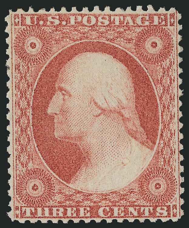 3c Dull Red, Ty. IV (26A).> Original gum, lightly hinged, vibrant color as fresh as the day it was printed, unusually choice centering with well-balanced margins<><>^EXTREMELY FINE GEM. A BEAUTIFUL ORIGINAL-GUM
EXAMPLE OF THE 1857 3-CENT DULL RED T