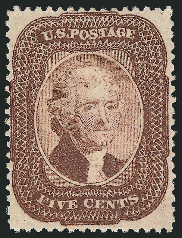 5c Brown (29).> Original gum, lightly hinged, choice centering for this difficult issue with perfs clear of outer projections on all sides, rich color and detailed impression on bright paper, long and full
perforations all around<><>^VERY FINE AND