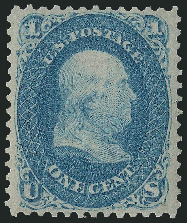 1c Blue (63). Mint N.H.,> deep rich color and proof-like impression on post-office fresh paper, gorgeous centering with wide and balanced margins<><>^EXTREMELY FINE GEM. A SUPERB EXAMPLE OF THE ONE-CENT 1861
ISSUE WITH MINT NEVER-HINGED GUM, BEAUTI