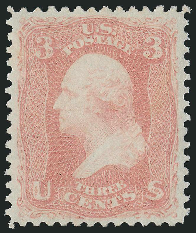 3c Rose (65). Mint N.H.,> radiant color as fresh as the day it was printed, beautiful centering with wide and balanced margins, Extremely Fine Gem, a superb stamp in every respect, P.S.E. encapsulated
(XF-Superb 95 SMQ $1,950.00), only one has grade
