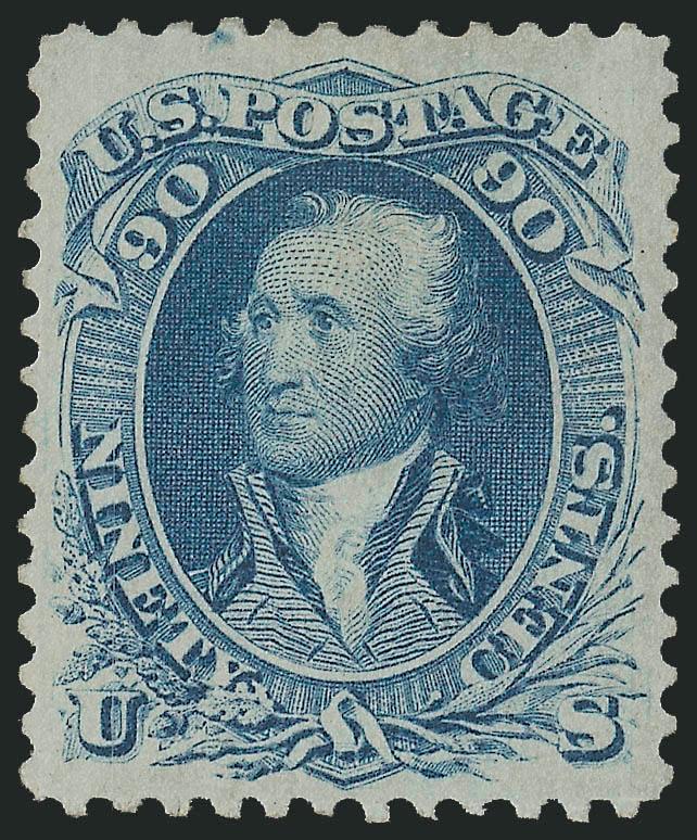 90c Blue (72).> Original gum, h.r., brilliant color and detailed impression, gorgeous centering with wide and balanced margins<><>^EXTREMELY FINE GEM. A SUPERB ORIGINAL-GUM EXAMPLE OF THE 90-CENT 1861 ISSUE,
WHICH HAS BEEN GRADED XF-SUPERB 95 BY P.