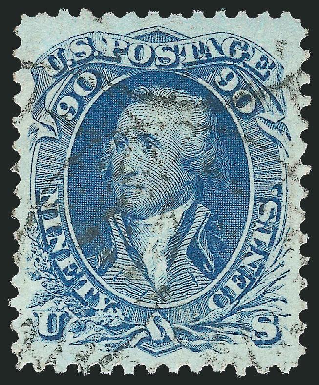 90c Blue (72).> Fabulous margins and incredibly well-centered, lovely color, light multiple strikes of Boston Paid grid cancel<><>^EXTREMELY FINE GEM. A TRULY OUTSTANDING USED EXAMPLE OF THE 1861 90-CENT BLUE,
GRADED XF-SUPERB 95 BY P.S.E.^<><>