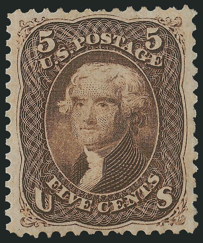 5c Brown (76).> Original gum, deep rich color and proof-like impression on crisp paper, wide and balanced margins which are a rarity on this issue<><>^EXTREMELY FINE GEM. A STUNNING ORIGINAL-GUM EXAMPLE OF THE
1863 5-CENT BROWN. A DIFFICULT STAMP T