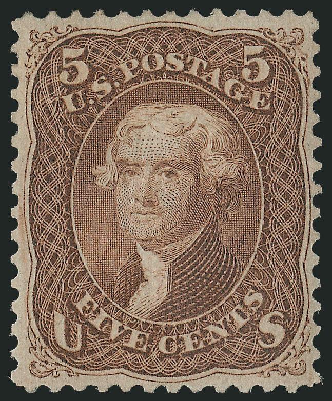 5c Brown, F. Grill (95).> Original gum, pristine except for a tiny bit of offset, beautiful rich color in a bright reddish shade, unusually sharp impression, remarkably fresh, wide margins clear of design all
around and perfectly centered<><>^EXTRE