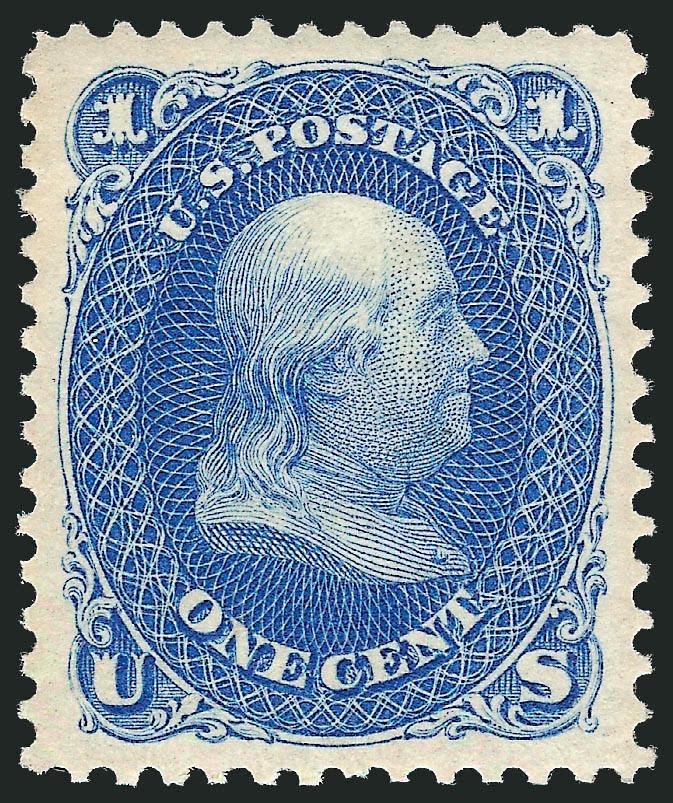 1c Blue, Re-Issue (102).> Original gum, lightly hinged, deep rich color on bright paper, perfectly centered with wide margins on all sides<><>^EXTREMELY FINE GEM. A SUPERB ORIGINAL-GUM EXAMPLE OF THE ONE-CENT
1861 RE-ISSUE IN THE FINEST CONDITION A