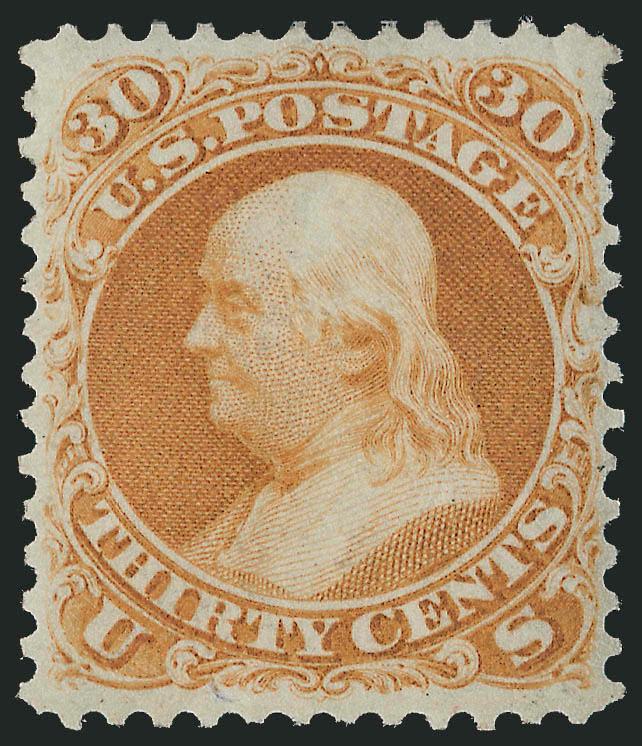 30c Brownish Orange, Re-Issue (110).> Original gum, deep rich color on bright paper, well-balanced margins for this difficult issue<><>^EXTREMELY FINE. A MAGNIFICENT ORIGINAL-GUM EXAMPLE OF THE 30-CENT 1861
RE-ISSUE. THIS IS EASILY ONE OF THE MOST