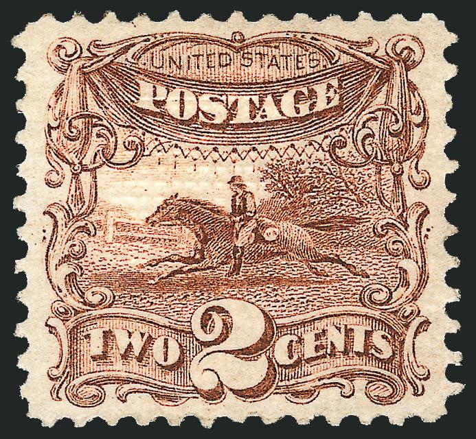 2c Brown (113).> Original gum, lightly hinged, wide margins and magnificent centering, lovely fresh color<><>^EXTREMELY FINE GEM. A MARVELOUS ORIGINAL-GUM EXAMPLE OF THE 2-CENT 1869 PICTORIAL.^<><>P.S.E.
encapsulated (OGh, XF-Superb 95 SMQ $3,15