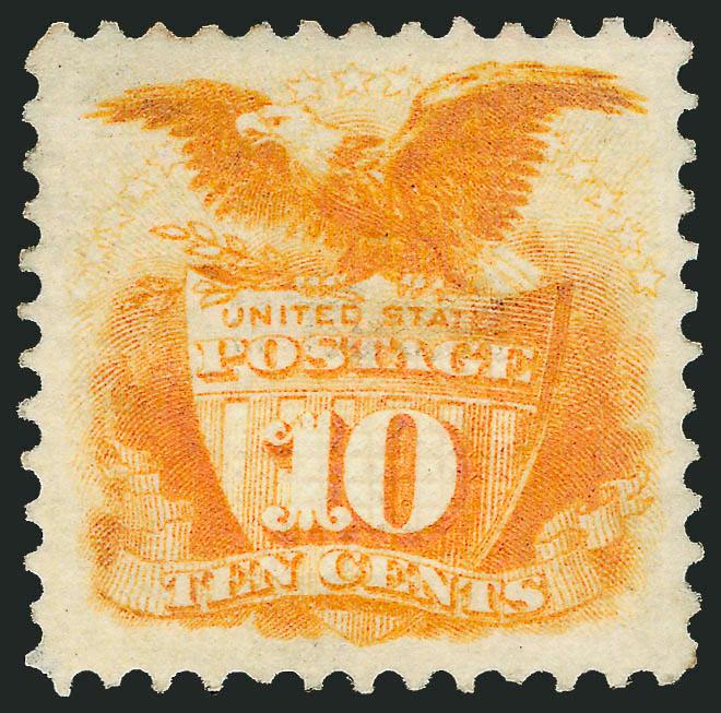 10c Yellow (116).> Original gum which is very lightly hinged, deep rich color and sharp proof-like impression, beautiful centering with wide and balanced margins all around<><>^EXTREMELY FINE GEM. A SUPERB
ORIGINAL-GUM EXAMPLE OF THE 10-CENT 1869 P