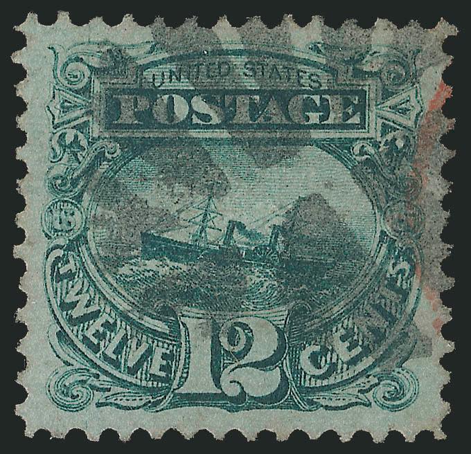 12c Green (117).> Rich color and proof-like impression, bold strike of cork cancel and also part of red transit cancel at right, perfectly centered with unusually wide and balanced margins<><>^EXTREMELY FINE
GEM. A SUPERB USED EXAMPLE OF THE 12-CEN