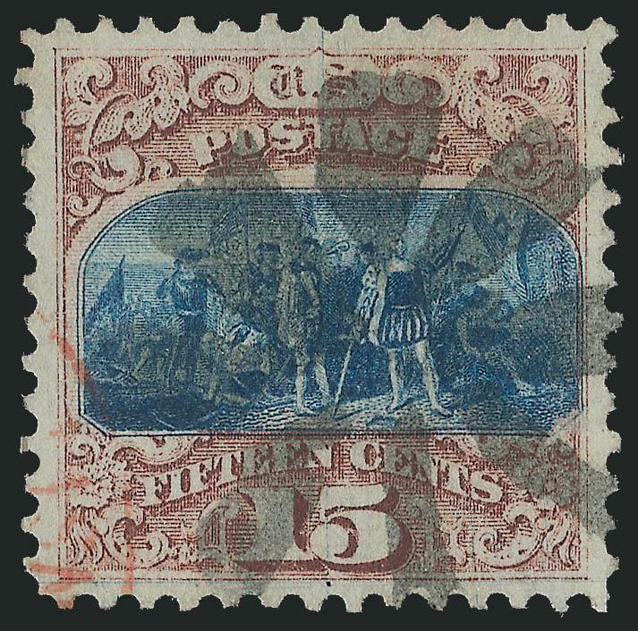 15c Brown & Blue, Ty. I (118).> Brilliant colors, choice centering with wide margins, neat strike of rosette cancel and also part of red cancel at lower left<><>^EXTREMELY FINE GEM. A SUPERB USED EXAMPLE OF THE
15-CENT TYPE I 1869 PICTORIAL ISSUE.^