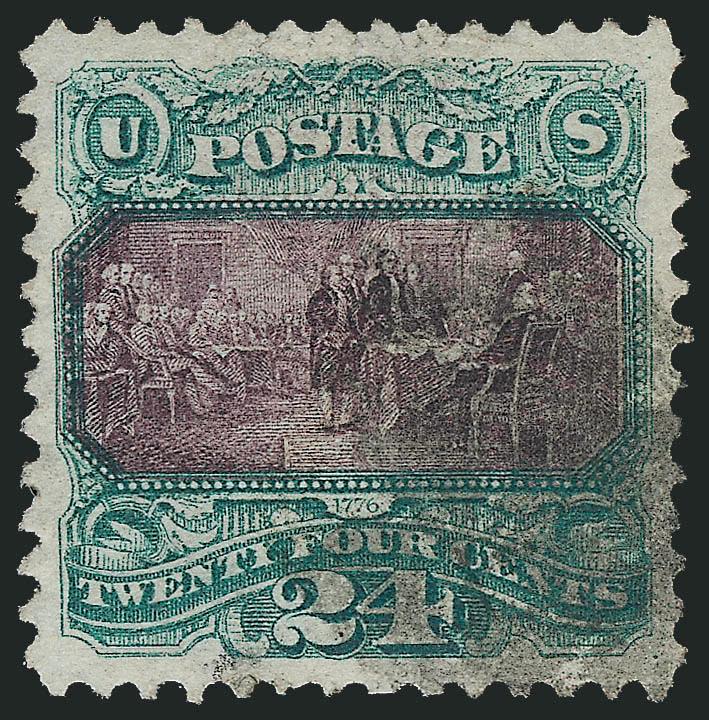24c Green & Violet (120).> Exceptionally well-centered with wide and balanced margins, detailed impressions, unobtrusive strike of cork cancel<><>EXTREMELY FINE GEM. A STUNNING USED EXAMPLE OF THE 24-CENT 1869
PICTORIAL ISSUE, WHICH HAS BEEN GRADED