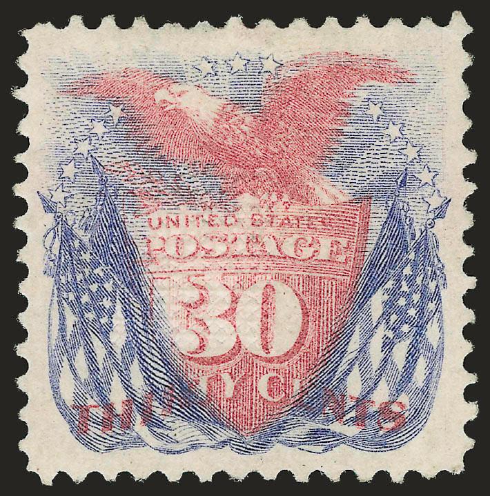 30c Ultramarine & Carmine (121).> Original gum, brilliant colors, perfectly centered with wide margins all around<><>^EXTREMELY FINE GEM. A SUPERB ORIGINAL-GUM EXAMPLE OF THE 30-CENT 1869 PICTORIAL IN THE
FINEST CONDITION ATTAINABLE. A WONDERFUL ST