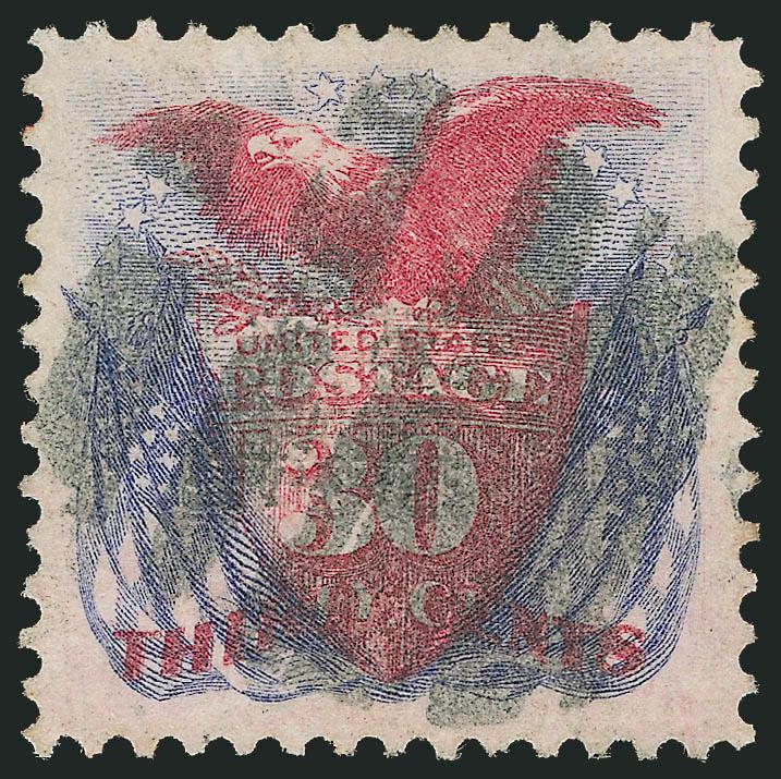 30c Ultramarine & Carmine (121).> Rich colors, beautiful centering with wide and balanced margins, bold strike of cork cancel<><>^FRESH AND EXTREMELY FINE USED EXAMPLE OF THE 30-CENT 1869 PICTORIAL ISSUE, WHICH
HAS BEEN GRADED XF-SUPERB 95 BY P.S.E