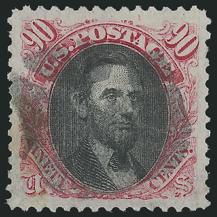 90c Carmine & Black (122).> Deep rich colors and proof-like impressions, unusually choice centering with wide and balanced margins, cork cancel leaves design clearly visible<><>^EXTREMELY FINE GEM. A SUPERB
USED EXAMPLE OF THE 90-CENT 1869 PICTORIA