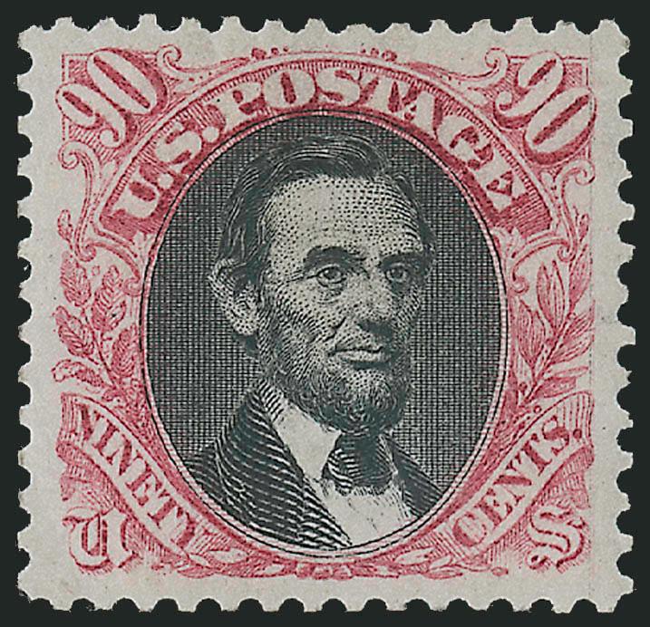 90c Carmine & Black, Re-Issue (132).> Original gum, lightly hinged, brilliant colors on bright paper, superior centering with unusually wide and balanced margins, long and full perforations all
around<><>^EXTREMELY FINE GEM. A STUNNING ORIGINAL-GUM
