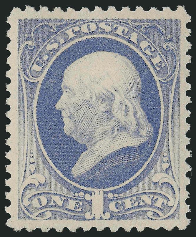 1c Gray Blue (206).> Mint N.H., brilliant color on bright paper, unusually choice centering with wide and balanced margins<><>^EXTREMELY FINE GEM. A GORGEOUS MINT NEVER-HINGED EXAMPLE OF THE 1881 ONE-CENT
RE-ENGRAVED ISSUE, WHICH HAS BEEN GRADED XF