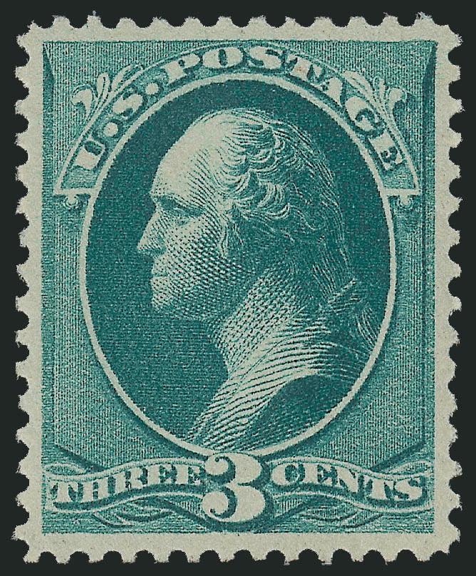 3c Blue Green (207).> Mint N.H., deep rich color and proof-like impression, choice centering with wide and balanced margins, long and full perforations all around<><>6EXTREMELY FINE GEM EXAMPLE OF THE 1881
3-CENT RE-ENGRAVED ISSUE, WHICH HAS BEEN G
