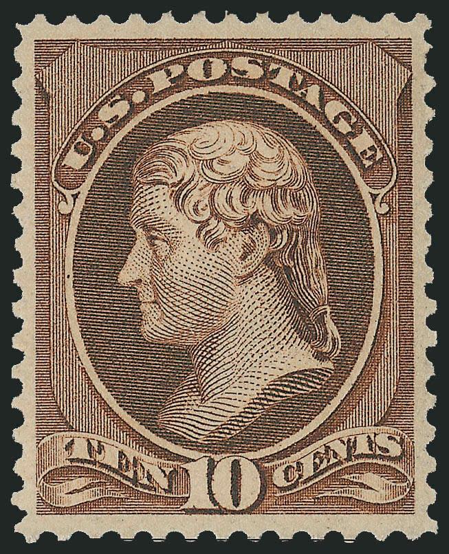 10c Brown (209).> Mint N.H., rich color and proof-like impression on crisp paper, choice centering, long and full perforations all around<><>EXTREMELY FINE GEM. THIS REMARKABLE EXAMPLE OF THE 1882 10-CENT
RE-ENGRAVED ISSUE HAS BEEN AWARDED THE GRAD