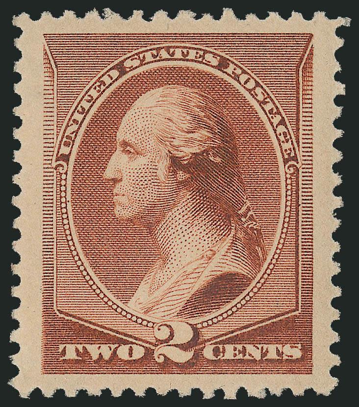 2c Red Brown (210).> Mint N.H., brilliant color, perfectly centered with Jumbo margins<><>^EXTREMELY FINE GEM. AN ABSOLUTELY STUNNING MINT NEVER-HINGED EXAMPLE OF THE 2-CENT 1883 AMERICAN BANK NOTE COMPANY
ISSUE, WHICH HAS BEEN GRADED SUPERB 98 JUM