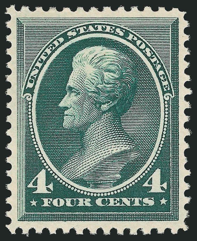 4c Blue Green (211).> Mint N.H., rich color and proof-like impression on bright paper, almost perfectly centered<><>^EXTREMELY FINE GEM. A STUNNING MINT NEVER-HINGED EXAMPLE OF THE 4-CENT 1883 AMERICAN BANK
NOTE COMPANY ISSUE, WHICH HAS BEEN GRADED