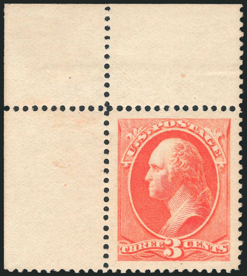 3c Vermilion (214).> Mint N.H. with <top left corner selvage,> vibrant color as fresh as the day it was printed, perfectly centered with Jumbo margins all around<><>^EXTREMELY FINE GEM. THIS IS EASILY ONE OF
THE FINEST MINT NEVER-HINGED EXAMPLES OF