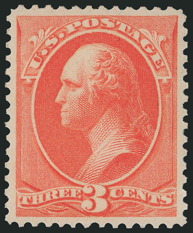 3c Vermilion (214).> Mint N.H., vibrant color as fresh as the day it was printed, unusually choice centering with wide and balanced margins, long and full perforations all around, Extremely Fine Gem, P.S.E.
encapsulated (XF-Superb 95 SMQ $1,450.00),